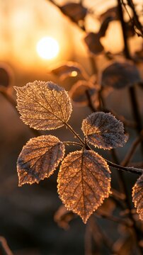 a closeup photograph of frosted leaves illuminated by the setting sun. The sun casts a warm, golden hue over the scene, creating a serene and tranquil atmosphere.