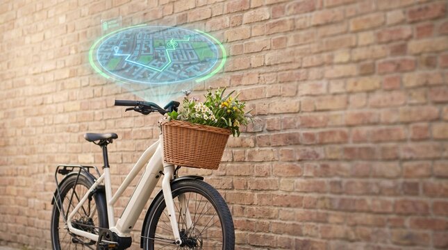 Electric city bicycle with wildflower basket parked against brick wall featuring a floating holographic GPS navigation map