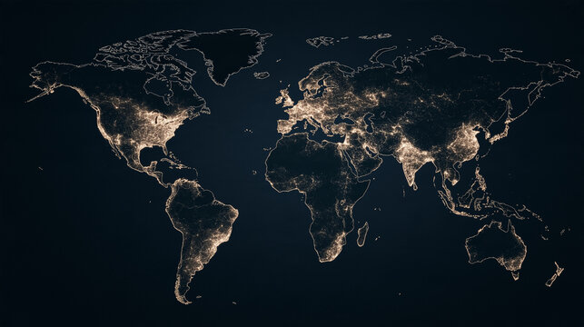 Global Night Lights: A stunning visualization of Earth at night, showcasing the illuminated spread of human civilization across continents, highlighting population density and global connectivity.