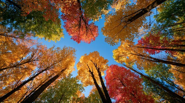 a low angle, looking upwards at the canopy of trees. The trees display a spectrum of colors, from deep reds and oranges to bright yellows and greens.