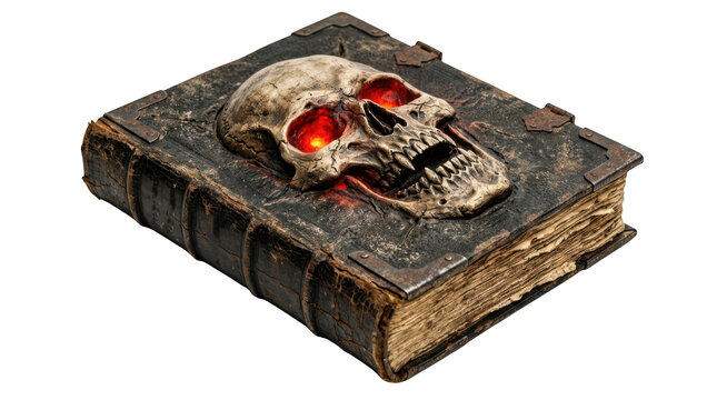 Old spell book with a skull on the cover and glowing red eyes isolated on transparent background