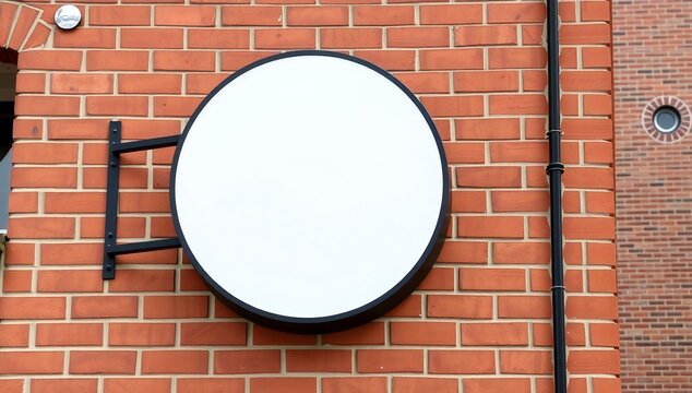 Empty round sign on a red brick wall of a building