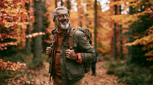 an elderly man standing in a forest during autumn. He wears a green jacket, a red shirt, and brown pants, carrying a backpack. The man has a white beard and glasses.