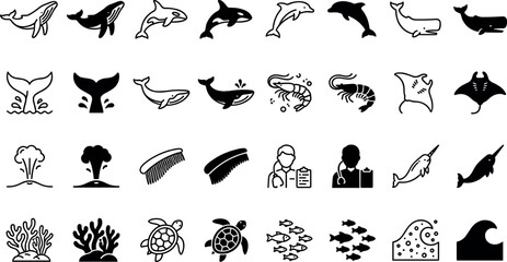 Ocean marine life vector black icons set featuring whales dolphins shrimp manta rays sea turtles coral reefs waves and marine biologist elements isolated on white background © Abdul