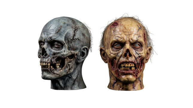 Two realistic zombie head masks with decaying skin and teeth isolated on transparent background