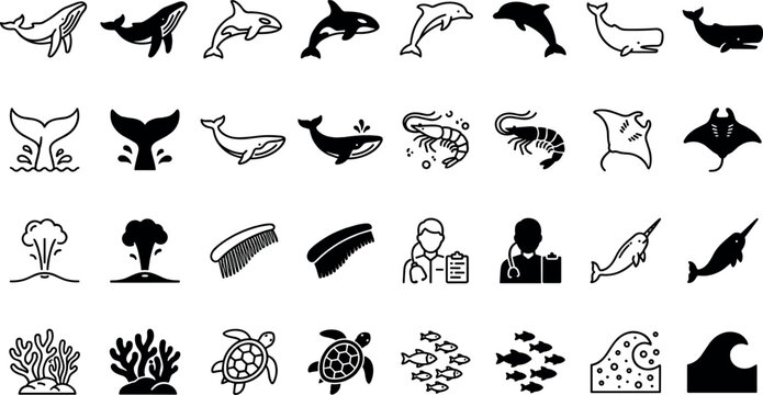 Ocean marine life vector black icons set featuring whales dolphins shrimp manta rays sea turtles coral reefs waves and marine biologist elements isolated on white background