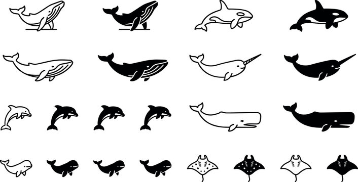 Whale and dolphin black linear icons vector set featuring killer whale narwhal sperm whale manta ray and beluga sea creatures isolated on white background