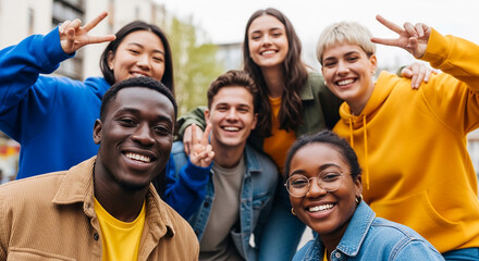 Obraz premium Diverse group of young adults smiling and making peace signs, representing friendship, joy, and positive connection, ideal for lifestyle or community themes