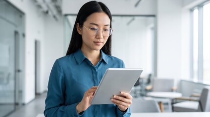 Obraz premium Young woman with glasses intently views a digital tablet in a modern office setting asian businesswoman