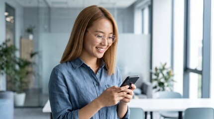 Obraz premium Young woman using a smartphone in a bright modern office setting with large windows asian businesswoman