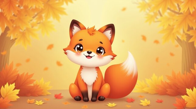 Adorable zorro de dibujos animados sentado entre hojas de oto&ntilde;o