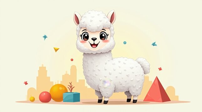 Llama de dibujos animados de pie con orgullo junto a formas geom&eacute;tricas coloridas y pelaje blanco y esponjoso