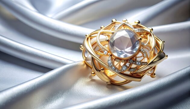 Gold brooch with diamond and gemstone on silk