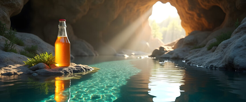 Blank glass beverage bottle on rock by clear spring inside cave with warm sunlight beams