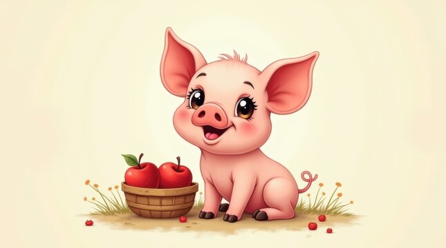 Cerdito de dibujos animados sentado junto a una peque&ntilde;a cesta de manzanas, con cuerpo rosado y redondeado y orejas ca&iacute;das