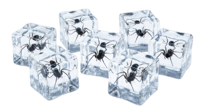 Group of seven ice cubes containing black spiders, isolated on transparent background