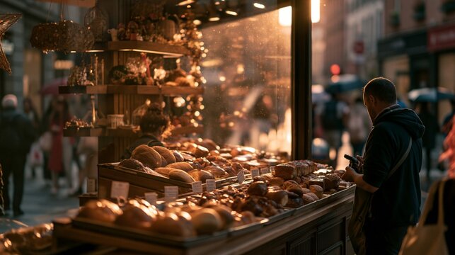 a bustling street scene at dusk. A man stands in front of a bakery counter, looking at a selection of baked goods. He wears a dark hoodie and carries a camera, indicating he is a customer.