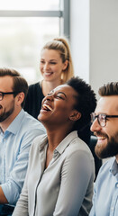 Obraz premium Diverse group of people laughing together in an office setting, symbolizing collaboration, joy, and positive work environment, ideal for corporate themes.