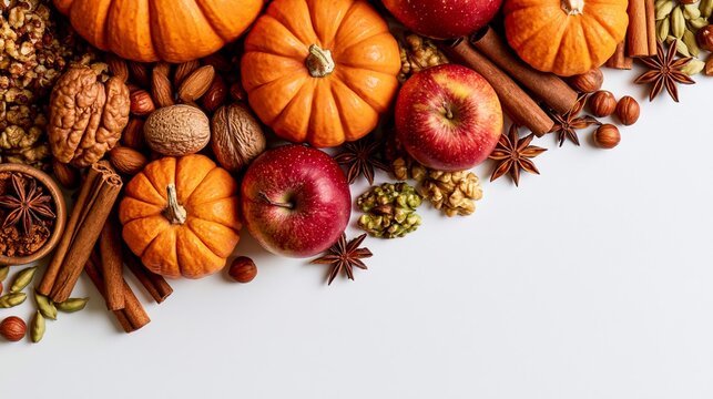 a vibrant and colorful display of autumnal fruits and nuts, including pumpkins, apples, walnuts, cinnamon sticks, star anise, and pistachios. The pumpkins are orange, the apples are red.