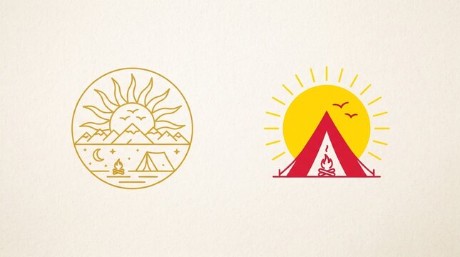 Set of Minimalist Camping and Outdoor Adventure Logos with Tent, Mountains, Sun and Campfire Line Art Illustrations for Travel Branding