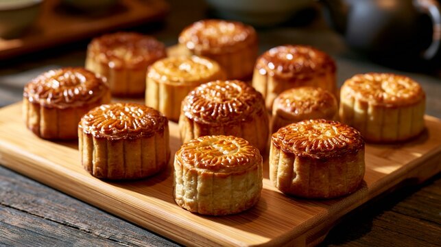 a wooden cutting board displaying a collection of traditional Chinese mooncakes. The mooncakes are goldenbrown in color and have a flaky, buttery crust. Each mooncake has a unique, intricate design.