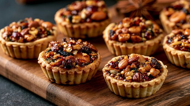 a wooden board. The tarts are goldenbrown in color and have a flaky crust. They are filled with a mixture of nuts, dried fruits, and herbs, including raisins and hazelnuts. The background is blurred.