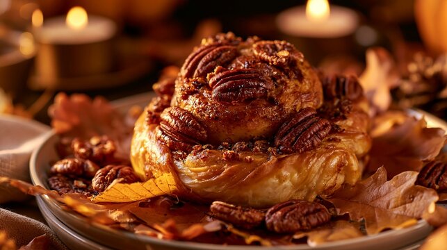 a goldenbrown, flaky pastry with pecans sprinkled on top. The pastry rests on a plate surrounded by autumn leaves in shades of orange, brown, and yellow. The background is blurred, revealing a warm.