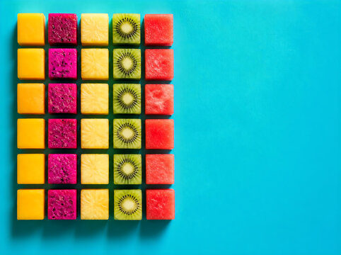 Precise geometric mosaic of mango, dragon fruit, pineapple, kiwi and watermelon cubes on bright teal background, vibrant fresh fruit pattern design