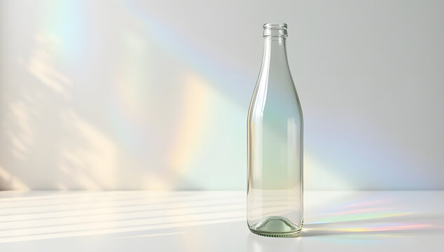 Set of clear glass beverage bottles filled and empty in minimalist studio setup with soft rainbow prism lighting