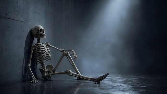 Skeleton leaning against concrete wall under dramatic spotlight