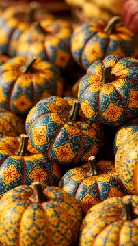 a unique pattern and color palette. The pumpkins are arranged in a cluster, with some overlapping each other. The pattern is a mix of blue, yellow, and red.