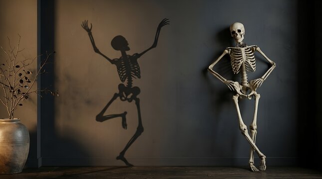 Skeleton leaning against dark wall with dancing shadow