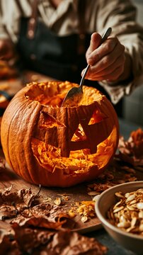 a person carving a pumpkin. The pumpkin is intricately carved with a jackolantern face, two triangular eyes, and a wide, toothy grin. The persons hand holds a silver spoon.