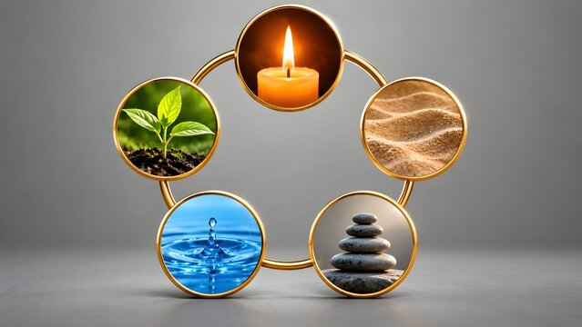 Five golden rings containing natural elements of water fire earth and wood representing holistic balance and wellness