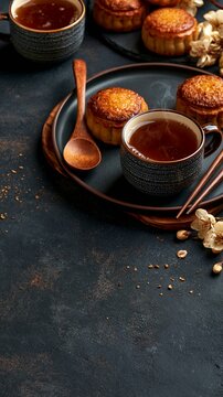 a rustic, dark, and moody setting features two ceramic cups filled with steaming tea, accompanied by a wooden spoon. The cups have a speckled pattern, and the tea is a rich, amber color. A dark.