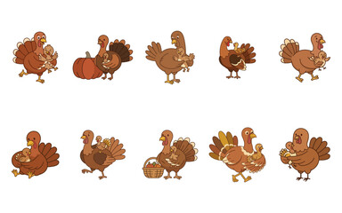 Obraz premium Set of cute cartoon turkey characters for thanksgiving celebration with thanksgiving character