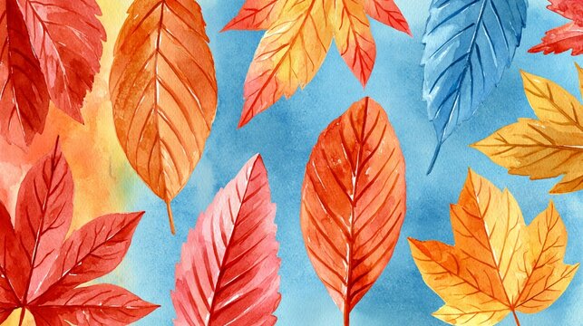a collection of autumn leaves in various shades of red, orange, yellow, and blue. The leaves are intricately detailed, with each leaf having a unique vein pattern and texture.