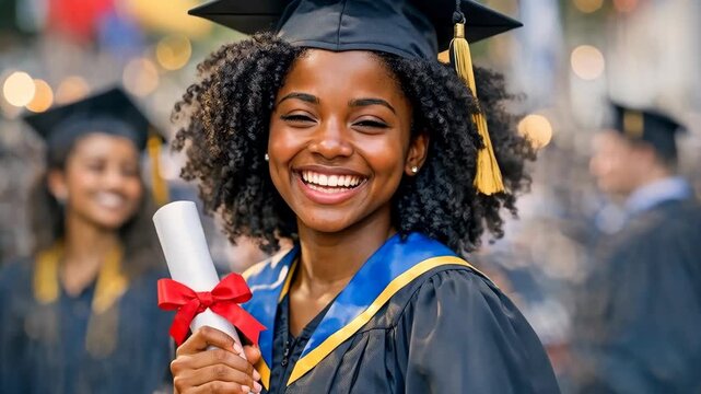 Graduate smiles proudly, holding diploma tied with red ribbon