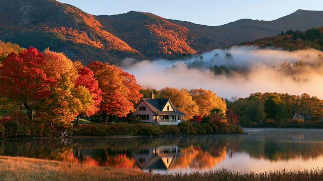 a serene lakeside scene. A house with a dark roof and white walls sits on the edge of a calm lake, surrounded by vibrant autumn foliage in red, orange, and yellow hues.