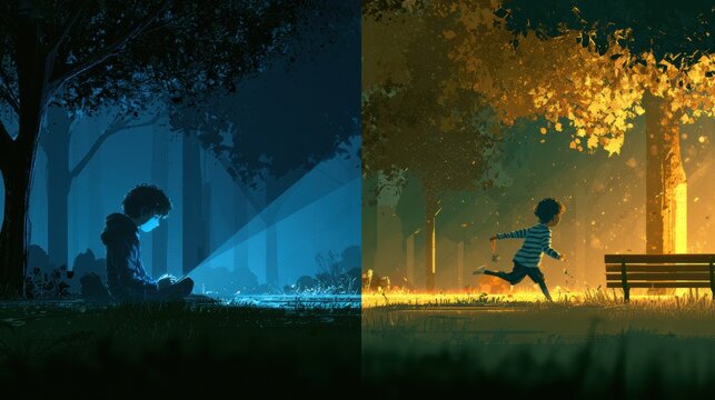 One side shows a child alone with a device in dim blue light while the other side shows the same child playing outdoors in warm golden light.
