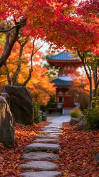 a serene autumn scene features a traditional Japanese temple in the background. The temple is a redroofed structure with a bluetiled roof, surrounded by trees with vibrant red and orange leaves.