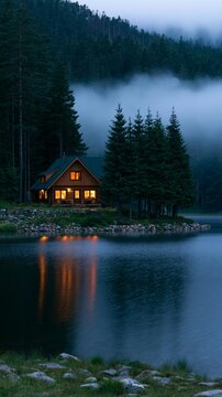 a tranquil lakeside scene at dusk. A rustic wooden cabin with warm, glowing windows sits beside a calm lake. The cabin is surrounded by tall pine trees, their reflection shimmering in the still water.