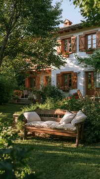 a serene countryside setting. A rustic wooden bench with beige cushions sits in the foreground, surrounded by lush greenery and vibrant red flowers.