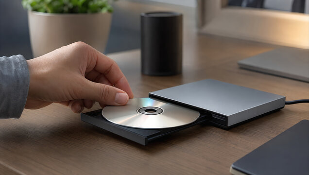 Hand insert shiny disc into external drive on wooden desk, modern digital storage concept in calm home office setting, soft natural light