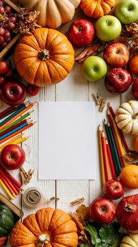 a variety of autumnal fruits and vegetables arranged on a rustic wooden surface. The main subject is a collection of pumpkins, apples, grapes, oranges, and gourds.