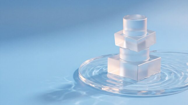 Commercial 3D e-commerce sale promotion banner featuring podium with water frosted glass and copy space