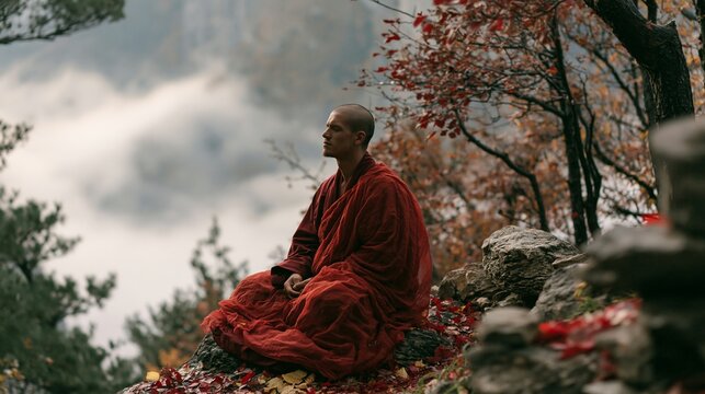 a deep red robe sits on a rocky outcrop surrounded by autumn foliage. The monks posture is relaxed his hands rest on his lap, and his gaze is directed away from the viewer.