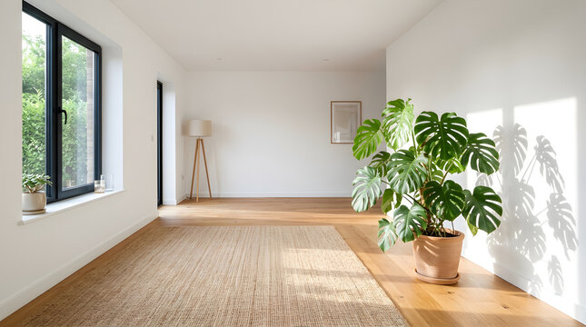 Bright and airy modern living room with large windows and a potted monstera plant