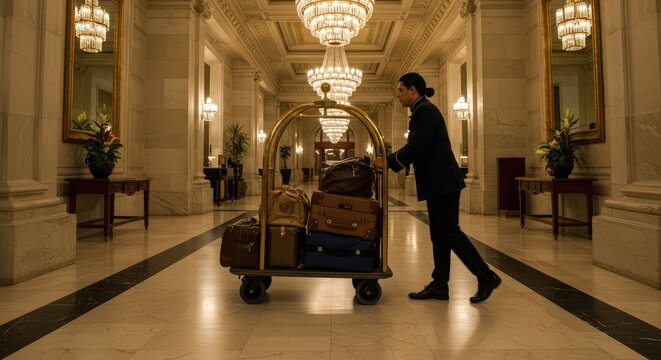 Luxurious vintage hotel lobby with bellman pushing elegant luggage cart in grand hallway