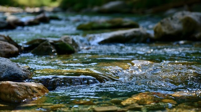 A serene close up of a clear mountain stream flowing over mossy rocks with sunlight reflecting on the water surface